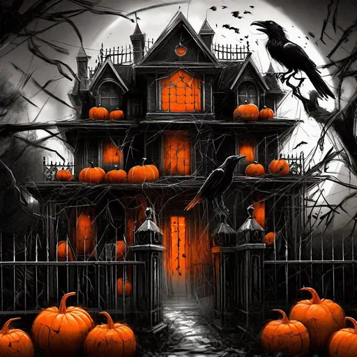 Prompt: "Black and white sketch of spooky house, bright orange pumpkins sit on iron fence, crows and ravens, sharp lines, 16k resolution, sinister vibe, Karol Bak volumetric lighting Hyperrealistic, concept, intricately detailed,"
