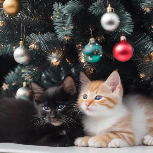 Prompt: kittens sleeping under a black christmas tree
