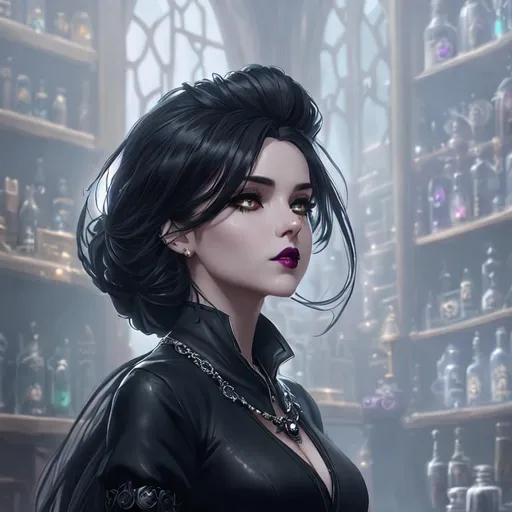 Prompt: ((Masterpiece)), Goth girl, messy long hair, stylized , black lips, silver necklace, full body, d & d, in a potion shop, fantasy, intricate, elegant, highly detailed, digital painting, artstation, concept art, matte, sharp focus, illustration, hearthstone, art by artgerm and greg rutkowski and alphonse mucha, 8k, HDR, UHD,  <lora:epiNoiseoffset_v2:0.8>