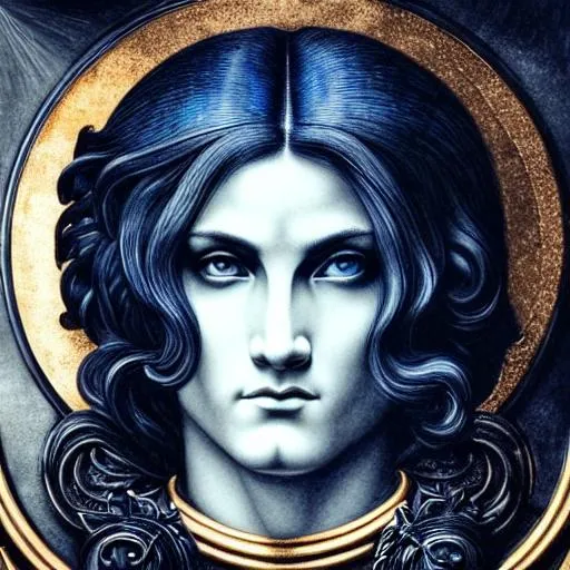 Prompt: Beautiful, full body and face, symmetry, beautiful eyes, Gothic, male aries zodiac sign, drawing, dynamic setting, realistic proportions, correct proportions, detailed blue, black, gold, copper, jade tinted, grim, Leonardo da Vinci, 