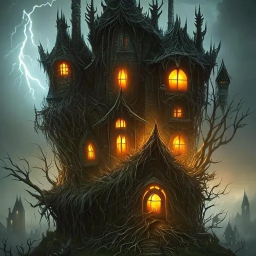 Prompt:  dark fantasy art style, nighttime, lightning, evil, nightmare, birds nest, giant house, travelling house, house that can walk, house with legs, bird legs, evil witch