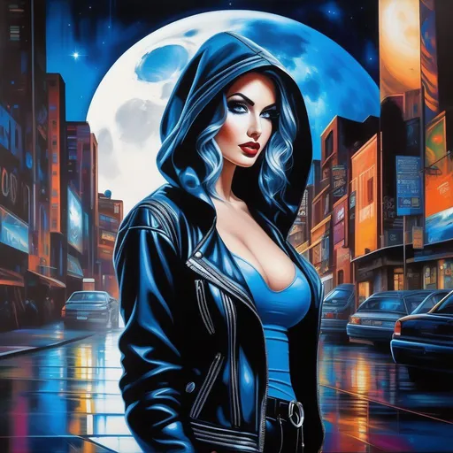 Prompt: A fresco painting, a female neopunk hacker, graffiti as background, Full-body portrait, detailed beautiful eyes, epic full moon in background, neo city, windy