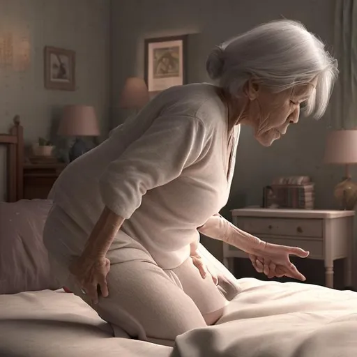 Prompt: "Create a meticulous and realistic image that vividly illustrates the lack of flexibility and bodily stiffness in an old woman. In the scene, depict the person trying to get up of the bed. The body should be visibly tense and rigid, showing signs of resistance.

The person may be holding onto their knees or ankles as they try to extend their legs forward. However, their range of motion is clearly limited, and the facial expression should reflect the evident discomfort and effort as they struggle to hold the position.

The lighting in the image can be subtly dim, accentuating the sense of difficulty and restriction. Anatomical details, such as tension in the muscle lines, can be emphasized to convey the lack of flexibility.

This image aims to capture the frustration and feeling of being physically locked in, while highlighting the need to engage in practices like yoga to overcome this stiffness and achieve greater range of motion and bodily flexibility."