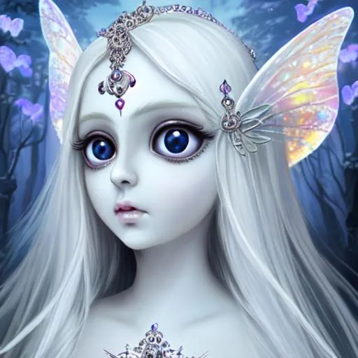 Prompt: White fairy goddess, large eyes, beautiful, closeup of tthe face, patel background
