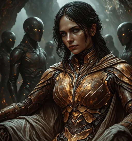 Prompt: Amidst the shadowy depths of a cavernous space, a powerful figure resides, clad in intricately designed armor, with mechanical elements blending seamlessly into a sculpted form. This dominant presence, adorned in rich golden fabric, sits upon an imposing throne, radiating a sense of authority and mystery. Surrounding her, humanoid beings with elongated heads and muted colors observe with an air of reverence, their expressions concealed beneath glossy helmets. The haunting atmosphere is punctuated by a mist filtering through jagged rock formations, casting ethereal light that highlights the juxtaposition of organic and mechanical, imbuing the scene with an otherworldly allure that evokes both wonder and unease. The overall composition communicates a narrative of power, belonging, and the collision of advanced technology with a primal, almost ritualistic aesthetic.