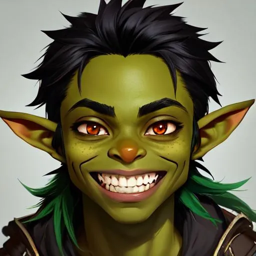 Prompt: a portrait of a small eratic male goblin, wild tangled black hair. green hue, dark skinned, one red eye, chaotic, scatterbrained, exaggerated grinning showing human teeth, wide face, slight and wiry, digital art, popular on Artstation, anime style