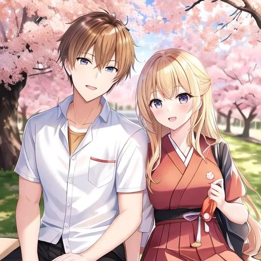 Prompt: Caleb (brown hair) and (Haley, blonde hair,  wearing a Japanese school uniform) on a date, under the cherry blossom trees
