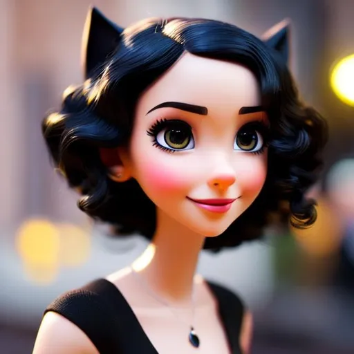 Prompt: Disney, Pixar art style, CGI, She has  fox like black eyes, her hair is black and curly, her hair is down past her shoulders, she is thin and wearing black