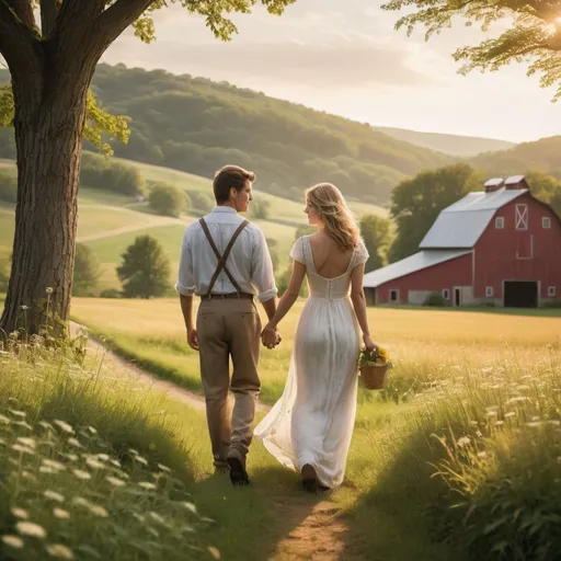 Prompt: In a picturesque countryside setting, a young couple stands hand in hand, surrounded by rolling hills, lush green fields, and blooming wildflowers. The sun casts a warm, golden glow over the scene, creating a serene and romantic atmosphere.

The man gazes deeply into the woman's eyes, his expression filled with love and sincerity. They're both dressed in simple, yet elegant attire, reflecting their down-to-earth and genuine nature.

Behind them, a rustic barn and a winding country road add to the rural charm of the setting. Birds chirp in the distance, and a gentle breeze rustles the leaves, adding to the tranquility of the scene.

The couple's connection is palpable, capturing the essence of "Deeper Than the Holler." The image portrays a love that's enduring and profound, rooted in the beauty and simplicity of country life.