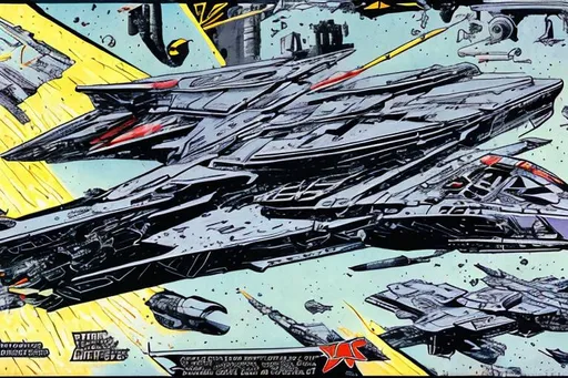 Prompt: space fighter ship, 80's heavy metal comic style