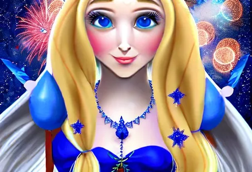 Prompt: Highly detailed, realistic, woman, long blond hair, bright blue eyes, wearing crown with blue dimands on it, Long blue dress with no sleeves, very light make-up, big hoop earings, midnight sky with millions of stars, fireworks in sky, elf ears, 3 small rings on each hand