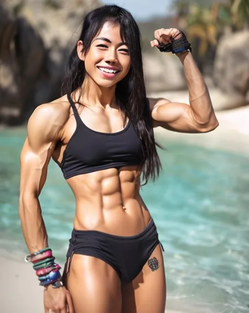 Prompt: strong Asian female with washboard abs in bikini