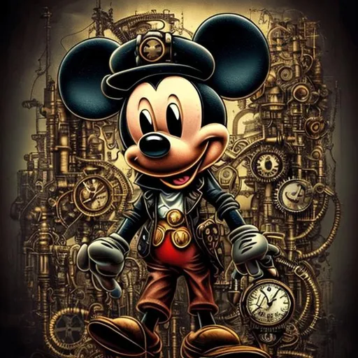 Prompt: steampunk Art. Illustration. Bold. Realistic.. dark theme. Mickey Mouse