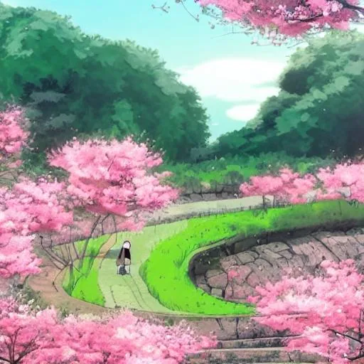 Prompt: A human, standing on a grassy hill with a single cherry blossom tree, gloomy lighting, water flows around at the bottom of the hill, spirited away animè style images.