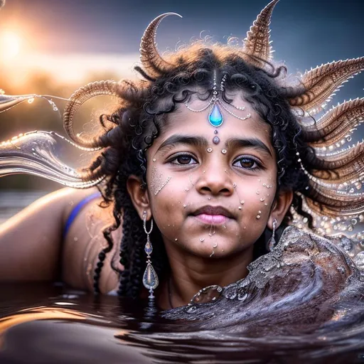 Prompt: photography, hyper realistic, Shiva, Child, Budhisvata, full body, psychedelic, fractal geometry, mandelbrot, photo-realistic, water drops, reflection, perfect contrast, very detailed, warm light, magic hour, 8k, highly detailed, full length frame, High detail RAW color art, piercing, diffused soft lighting, shallow depth of field, sharp focus, hyperrealism, cinematic lighting, photorealistic painting, sharp focus, 8k, perfect composition, trending on artstation, award-winning photograph, unreal engine 5, cinematic smooth, intricate detail, studio photo, highly detailed. simple background. 