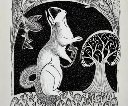 Prompt: white with black pencil drawing of a squirrel and a beagle and fairies and egyptian symbology and trees and mushrooms