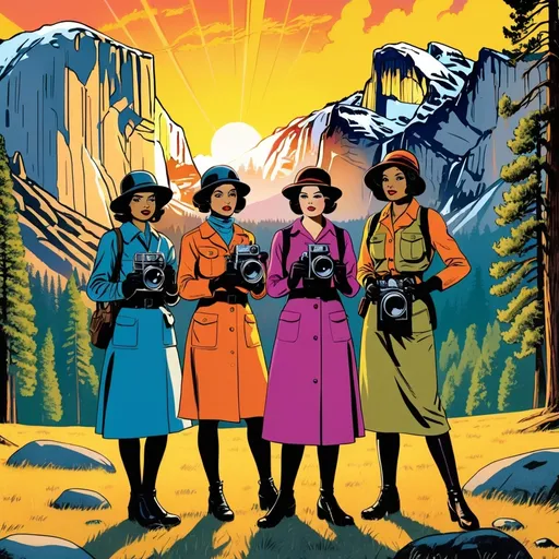 Prompt: 
Silk screen comic book illustration, 4 varied ages multiracial woman photojournalists from the 1920s with their gear, cloudy day at sunset at Yosemite , cover art, bright colors, photorealistic illustration, 1960s retro futurism