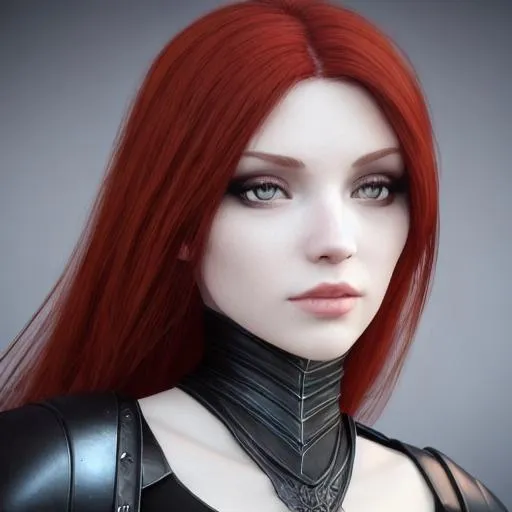Prompt: A half body photograph of red haired woman, with green eyes, wearing black leather outfit looking at the viewer, fantasy, medieval, vivid colors, elegant, concept art, sharp focus, beautiful face, digital art, Hyper-realistic, 4K, Unreal Engine, Highly Detailed, HD, Dramatic Lighting by Brom, trending on Artstation