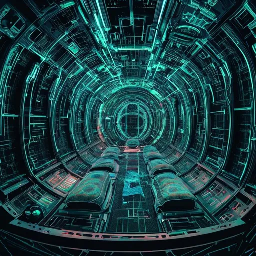 Prompt: Hyper-sleep Chamber with 8 human people inside the chambers, space ship, patterns, grids, neon, highlights, detail, high quality 
