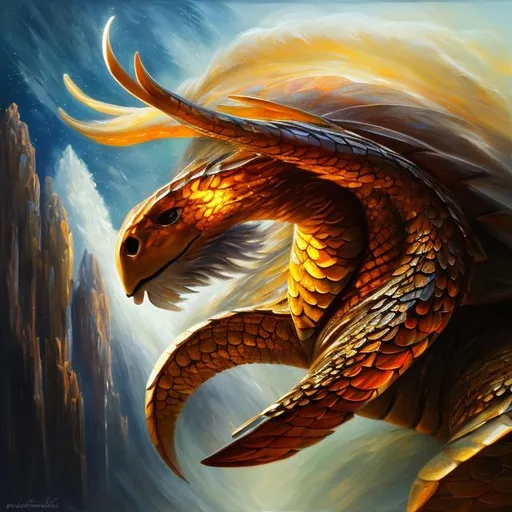 Prompt: (masterpiece, professional oil painting, epic digital art, best quality), A Turtle's Shell, a Lion's Mane, the Hindlegs of a Horse, the Wings of a Dragon, the Body of a snake, the Paws of a Bear, head of a human