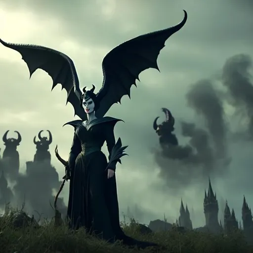 Prompt: Attractive Maleficent, standing on hill of skulls, green smoke in background, arms raised, grinning 