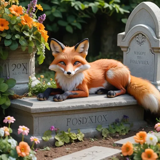 Prompt: a fox lying next to a grave covered with flowers and plants