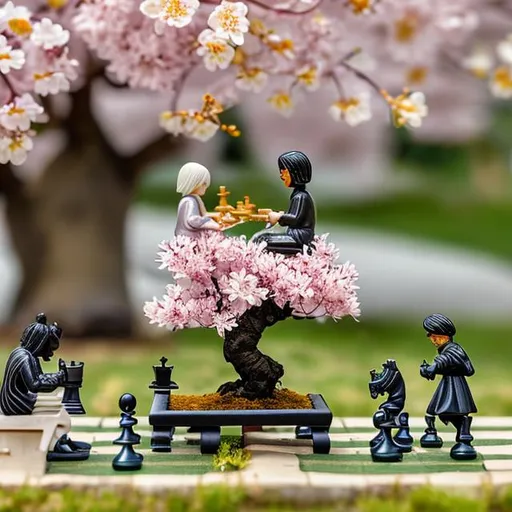 Prompt: tiny people playing chess beside yellow cherry blossom bonsai tree