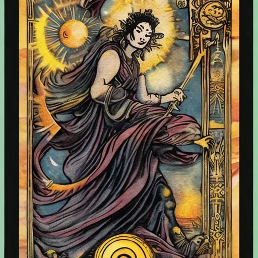 Prompt: Tarot The Sun Card, ancient paint style, imagination, 4k resolution 
