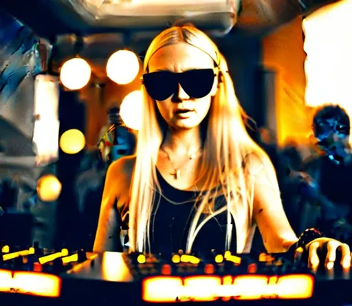 Prompt: blonde girl wearing sunglasses, making music, dj soundboard, dj kit, dim lights, djing, dim light, realism, 4k, in focus