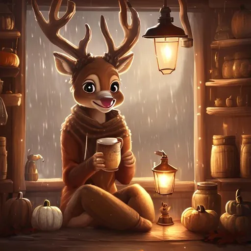 Prompt: A female anthro deer, different eyes, smiling, wearing a cozy fall outfit, drinking a warm cup of hot cocoa, sitting in tavern, rainstorm outside window, dim light, gas lamps, digital art, artstation, 8K