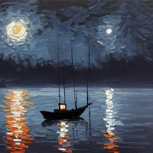 Prompt: Impressionism oil painting of a small fishing boat in a lake at full moon night minimal cold colours
Big brush strokes grey and blue

