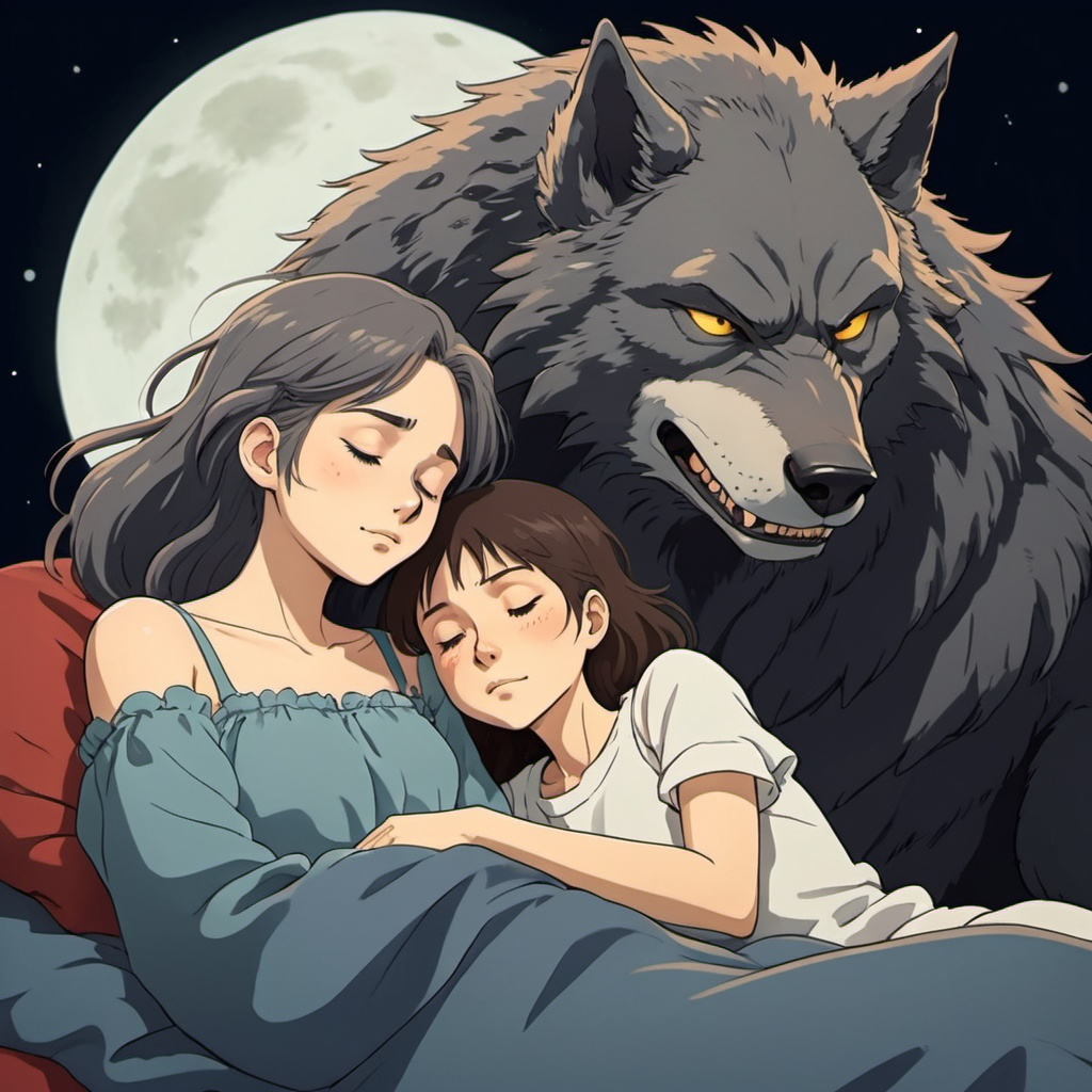 2d studio ghibli anime style woman sleeping cuddled up next to werewolf