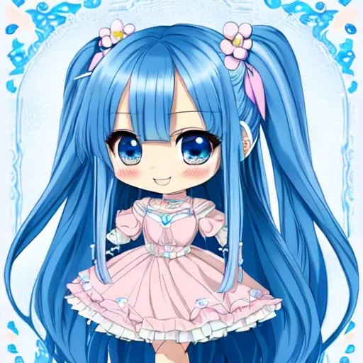 Prompt: masterpiece, (Chibi), blue long hair, detailed face, happy, highlight eyes, pastel color, anime style, dress