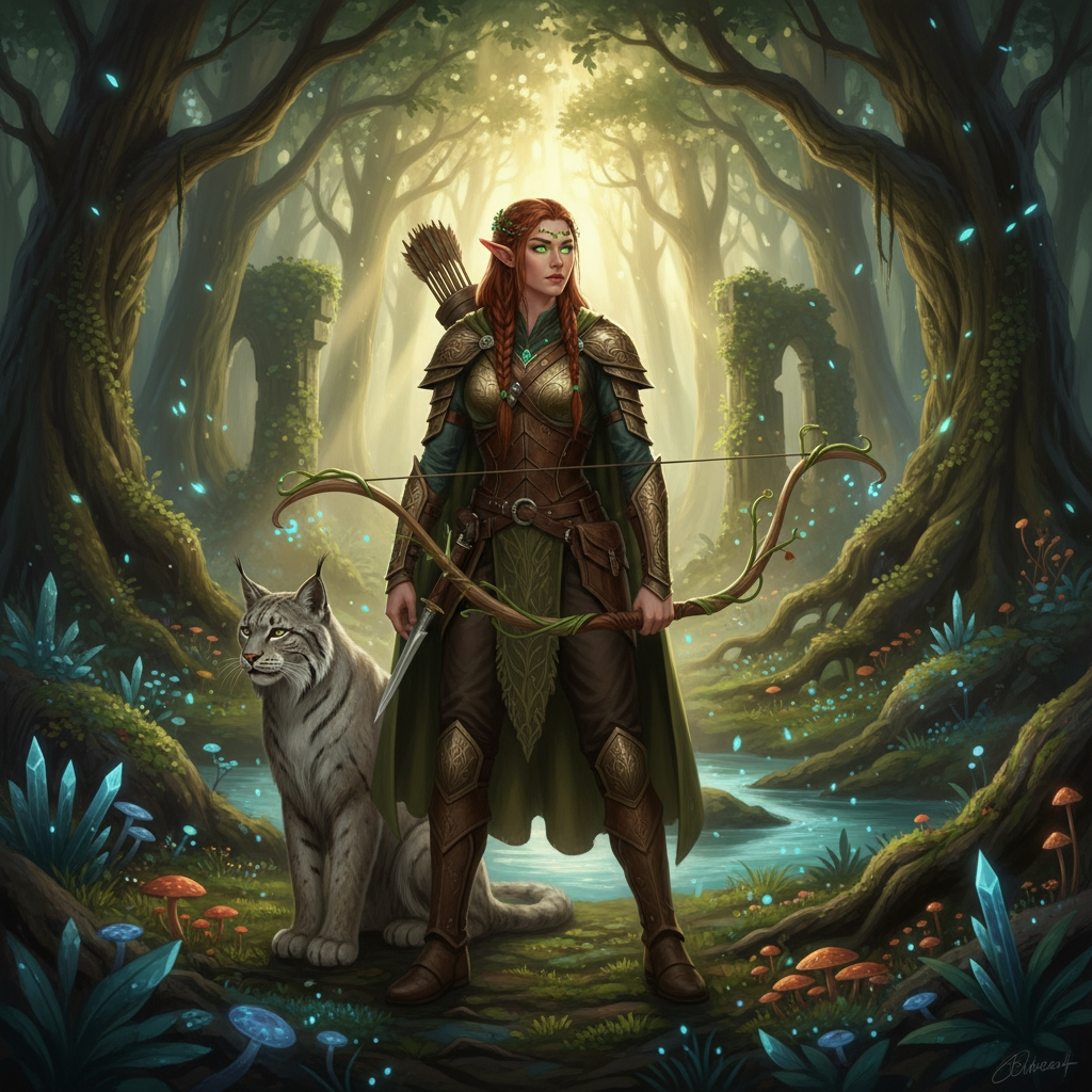 Elf ranger in a mystical forest around sunlight