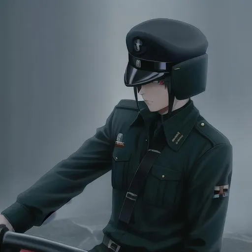Prompt: anime nazi male soldier in tank with buzzcut dark hair with a realistic tank commander hat with red eyes and a menacing with  with military uniform with normal eyes 