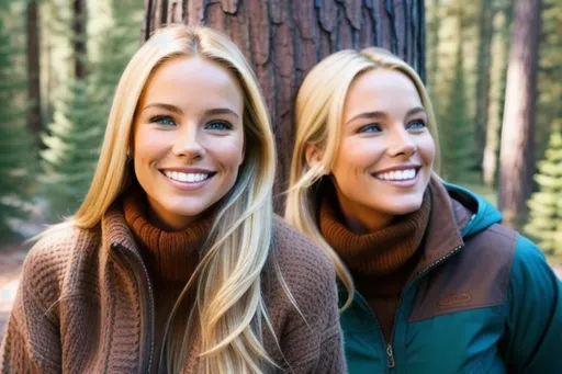 Prompt: 2000s tv show, pretty blonde woman, wearing thick brown hiking boots, jeans, beige outdoor jacket, brown sweater, smiling, looking at trees, pine forest