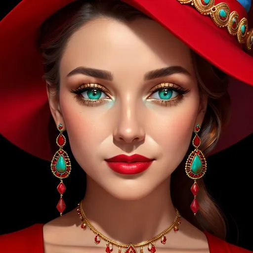 Prompt: Beautiful ethereal woman. color scheme of tuquoise and red., wearing turquoise and gold jewlry, wearing a red hat, facial closeup