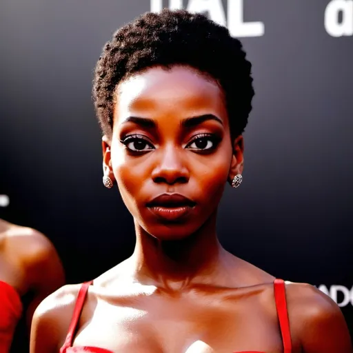 Prompt: beautiful black actress, afro, red dress, red carpet