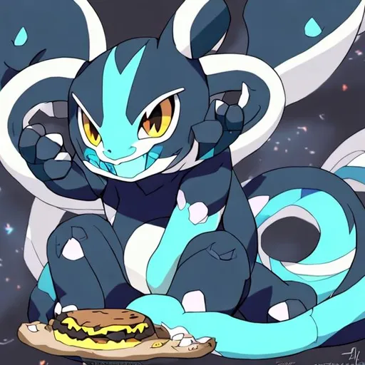 Prompt: a pokemon based off a tiger with shadow powers and soul powers and dragon wings also mostly black and white mew two  mega Charizard x and is eating a cookie and is half snake half fish