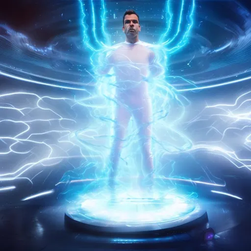 Prompt: A man in a white bodysuit inside the Quantum Leap futuristic podium accelerator chamber; blue light vortex tornado and blue lightning effects, time travel program