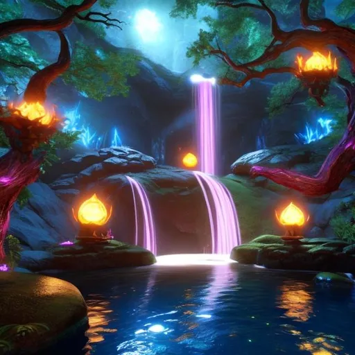 Prompt: Envision a glowing waterfall in a lush forest. Fantasy, another dimension. Hyperrealistic, UHD, HD, 8K, a portal rests besides the river, a civilization 