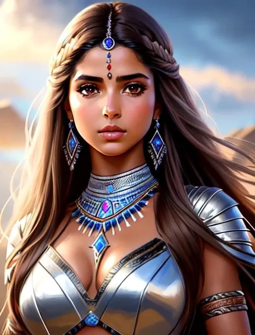 Prompt: Naomi Scott holding above her head a crystal magic sword, parted bangs, brown hair, brown eyes, battlefield setting, ethereal, wearing a tribal war dress, jewelry set balayage wild hair, royal vibe, highly detailed, digital painting, Trending on artstation , HD quality, tan skin, Big Eyes,artgerm, by Ilya Kuvshinov 