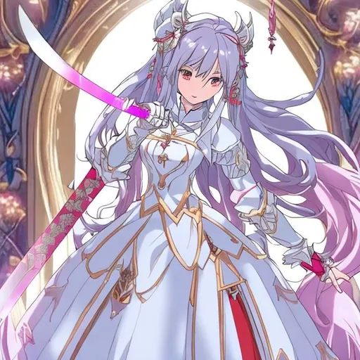 Prompt: anime woman is standing. woman has red eyes, has white long hair. She is handling the sword after hard battle. Dinamic full pose. She is gorgeous. She is in full white dress and armor. She is tired