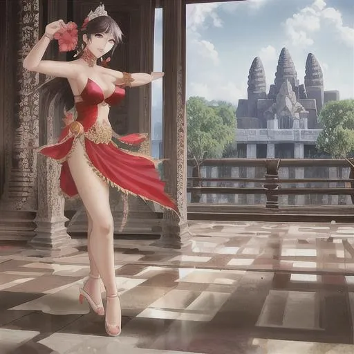 Prompt: angkor wat cambodia dancing red