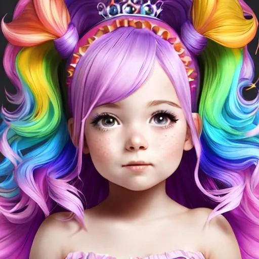 Prompt: princess with rainbow hair and a sweet face, pink frilly dress, facial closeup