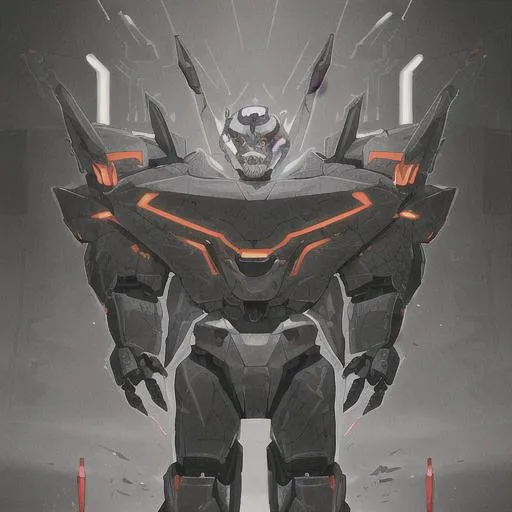 Prompt: A robot with a lions face . The body of the robot , grey , with scars , and bullets piercing through. The outside of the body of the robot is black.A full body picture.