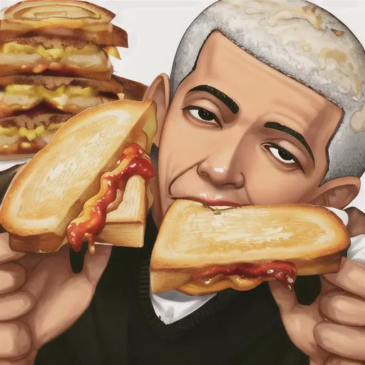 Prompt: Obama eating a cute grilled cheese