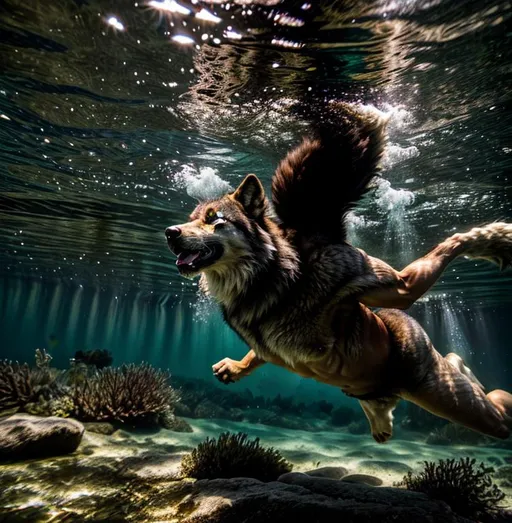 Prompt: Werewolf swimming underwater 