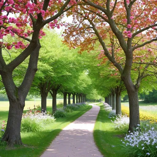 Prompt: trees, flowers, walking path, leaves