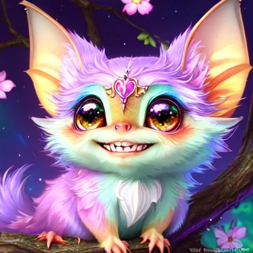 Prompt: Glittering close up cute and adorable colorful bat gremlin widely smiling creature on a tree, filigree, long striped tail, reflective eyes, flowers, rim lighting, lights, extremely fluffy, detailed eyes. magic, surreal, fantasy, digital art, Alice in Wondeland style, wlop, artgerm and james jean, extremely detailed teeth, cute teeth, , kids story book style, muted colors, watercolor style